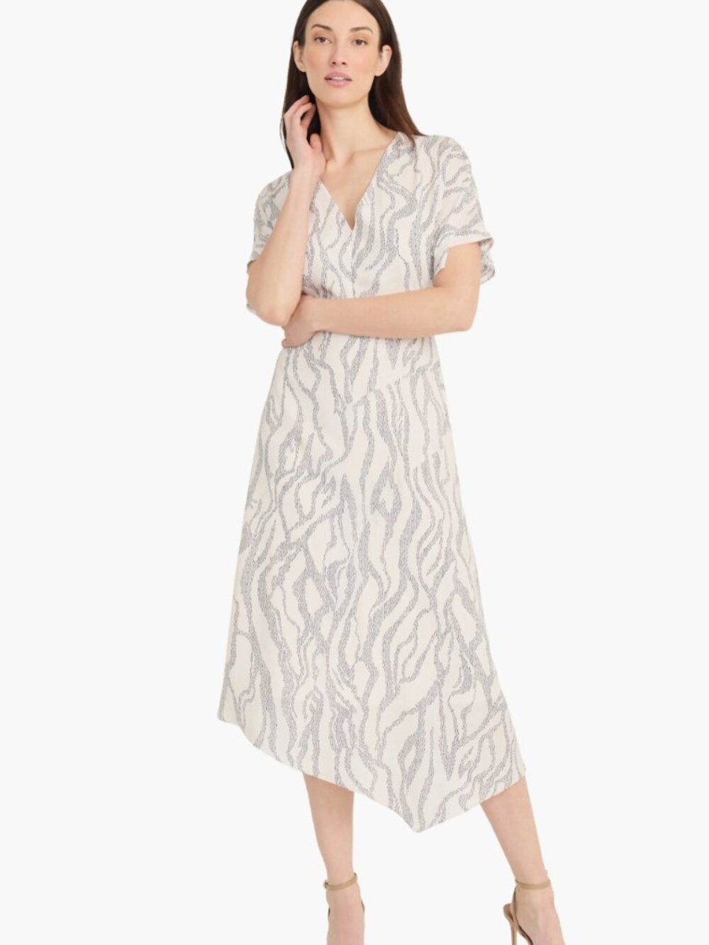 MAGGY LONDON Abstract Print Asymmetric Midi Dress In White